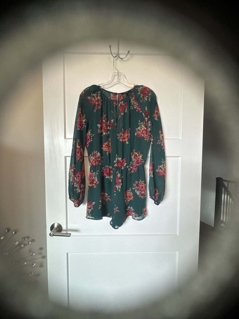 Forever 21 Green Floral Long Sleeve Keyhole Romper
